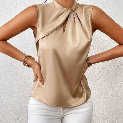 Damski satynowy top bez rękawów | Skręcona stójka | Elegancka, luksusowa odzież | Szykowna odzież biurowa i wieczorowa | Dostępne w wielu kolorach