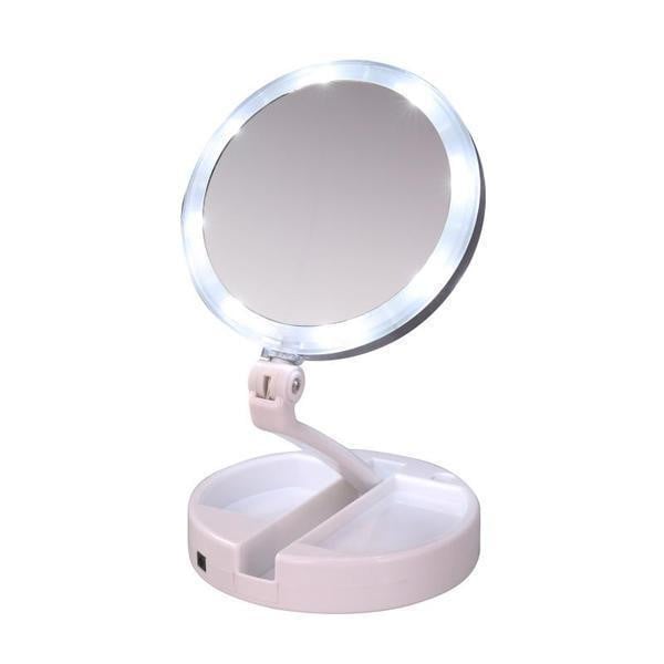 Lusterko do makijażu z podświetleniem LED | Składane podróżne lśniące dwustronne 12x i 1x | Bez zniekształceń | Regulowana wysokość do 33cm | Na baterię lub zasilanie przewodowe | Biała dioda LED