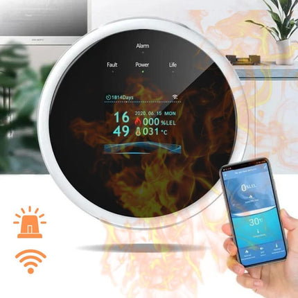 Detektor gazu LCD | Mobilne podział | Pomiar czasu i temp. | Wykrywanie metanu, butanu, propanu | Nowoczesny projekt, możliwa instalacja | Domowy strażnik, bezpieczeństwo w domu