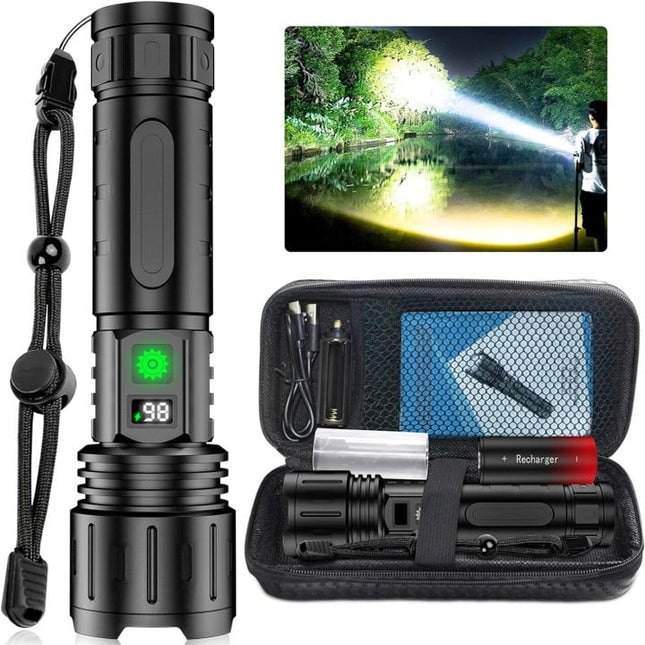 Noustia | Latarka taktyczna LED 100000 lumenów | Bateria 5000mAh | Ładowanie Type-C | Wodoodporna IPX5 | Zoom i różne tryby | Funkcja power banku | Wyświetlacz LCD | Aluminium lotnicze | Przenośna