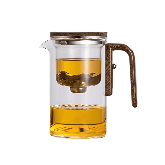 Szklany dzbanek do herbaty z drewnianym uchwytem | Szkło borokrzemowe | Pojemność 550ml | System jednego kliknięcia | Odporność termiczna | Bezpieczny w zmywarce | Wygodny uchwyt | genialny projekt