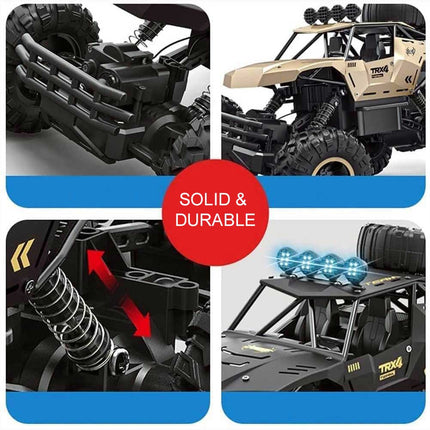 6-kołowy zdalnie sterowany Monster Truck w skali 1:12 | Możliwości terenowe | Zaawansowana technologia 2,4 GHz | Amortyzatory | Opony antypoślizgowe | Wysoka prędkość 52 km/h | Akumulator USB | Opcje czarno-złote