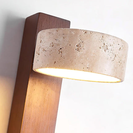 Kinkiet LumenAisle | Naturalny trawertyn i drewno | Japoński projekt Wabi-Sabi | Minimalistyczne oświetlenie LED | Łatwa instalacja | Ciepłe białe światło | Idealny do sypialni, salonów, korytarzy