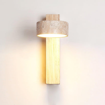 Kinkiet LumenAisle | Naturalny trawertyn i drewno | Japoński projekt Wabi-Sabi | Minimalistyczne oświetlenie LED | Łatwa instalacja | Ciepłe białe światło | Idealny do sypialni, salonów, korytarzy