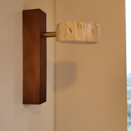 Kinkiet LumenAisle | Naturalny trawertyn i drewno | Japoński projekt Wabi-Sabi | Minimalistyczne oświetlenie LED | Łatwa instalacja | Ciepłe białe światło | Idealny do sypialni, salonów, korytarzy