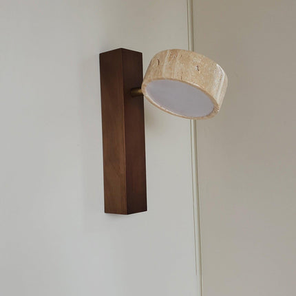 Kinkiet LumenAisle | Naturalny trawertyn i drewno | Japoński projekt Wabi-Sabi | Minimalistyczne oświetlenie LED | Łatwa instalacja | Ciepłe białe światło | Idealny do sypialni, salonów, korytarzy