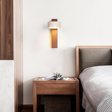 Kinkiet LumenAisle | Naturalny trawertyn i drewno | Japoński projekt Wabi-Sabi | Minimalistyczne oświetlenie LED | Łatwa instalacja | Ciepłe białe światło | Idealny do sypialni, salonów, korytarzy