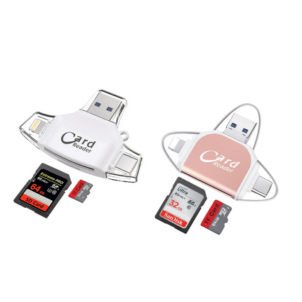 Uniwersalny czytnik kart pamięci 4 w 1 | Porty USB/USB C/Micro USB/Lightning | Zgodność kart SD TF | Obsługuje do 400 GB | Kompaktowa konstrukcja z brelokiem