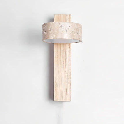 Kinkiet LumenAisle | Naturalny trawertyn i drewno | Japoński projekt Wabi-Sabi | Minimalistyczne oświetlenie LED | Łatwa instalacja | Ciepłe białe światło | Idealny do sypialni, salonów, korytarzy
