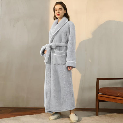 Luksusowy szlafrok z polaru Sherpa | Szlafrok unisex z szalowym kołnierzem i kieszeniami | Przytulna tkanina flanelowa w kolorze koralowym zapewnia wygodę przez cały rok | Miękka i lekka konstrukcja | Idealny prezent | Można prać w praktyce