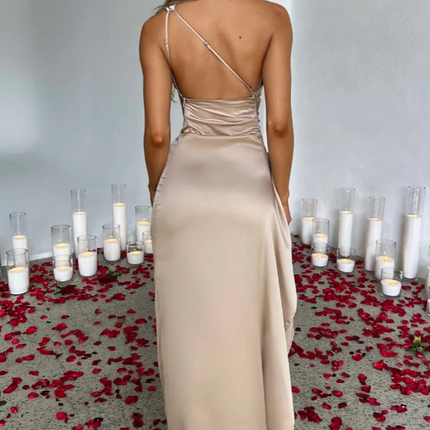 Ewa | Plisowana Satynowa Sukienka Maxi | Elegancka suknia z rozcięciem na jedno ramię na eleganckie wydarzenia