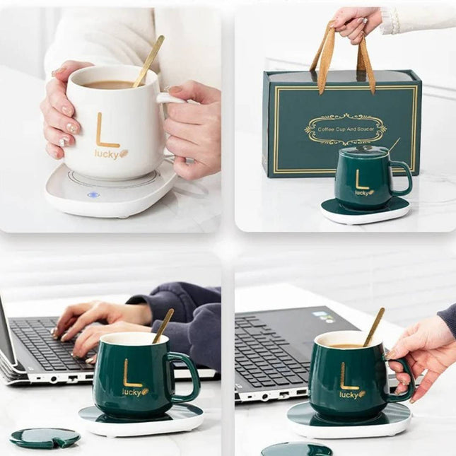 Noustia | Zestaw prezentowy z ceramicznym kubkiem samopodgrzewającym | Elektryczny podgrzewacz na USB | kontrola temperatury | Złota łyżeczka w komplecie | Pojemność 350ml | Idealne do domu i biura
