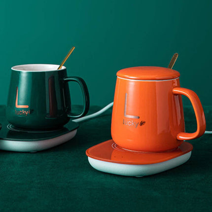 Noustia | Zestaw prezentowy z ceramicznym kubkiem samopodgrzewającym | Elektryczny podgrzewacz na USB | kontrola temperatury | Złota łyżeczka w komplecie | Pojemność 350ml | Idealne do domu i biura