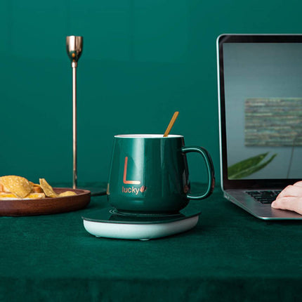 Noustia | Zestaw prezentowy z ceramicznym kubkiem samopodgrzewającym | Elektryczny podgrzewacz na USB | kontrola temperatury | Złota łyżeczka w komplecie | Pojemność 350ml | Idealne do domu i biura