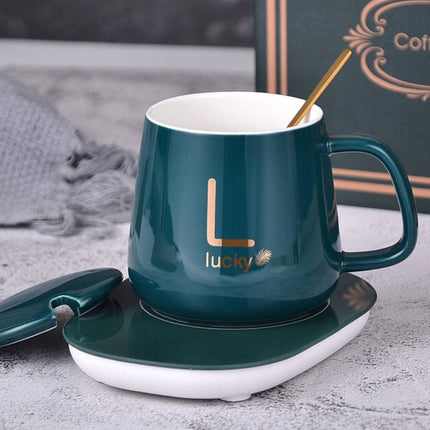 Noustia | Zestaw prezentowy z ceramicznym kubkiem samopodgrzewającym | Elektryczny podgrzewacz na USB | kontrola temperatury | Złota łyżeczka w komplecie | Pojemność 350ml | Idealne do domu i biura
