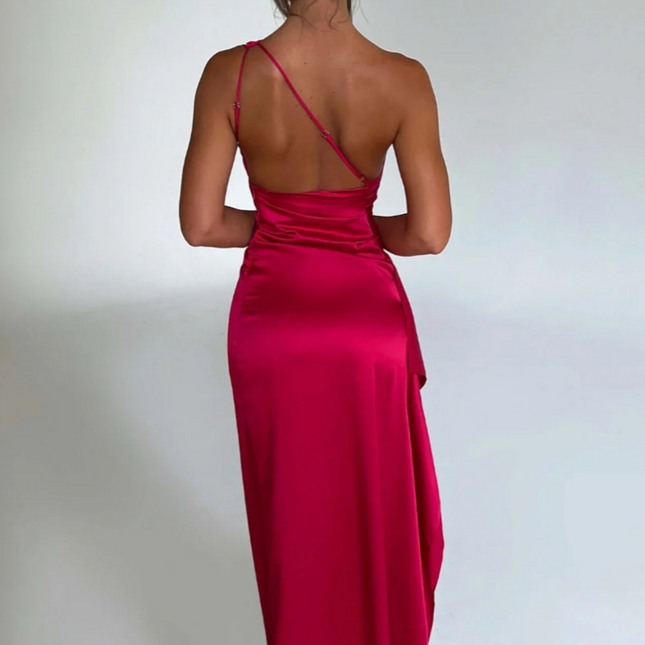 Ewa | Plisowana Satynowa Sukienka Maxi | Elegancka suknia z rozcięciem na jedno ramię na eleganckie wydarzenia