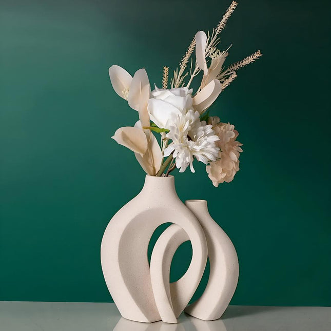 Duet wazonów Unity inspirowany stylem skandynawskim | Blokujący ceramiczny | Nowoczesny, nowoczesny wystrój salonu lub blatu | Zrównoważone materiały | Zawiera duży i mały waz | Ponadczasowe neutralne odcienie 