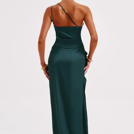 Ewa | Plisowana Satynowa Sukienka Maxi | Elegancka suknia z rozcięciem na jedno ramię na eleganckie wydarzenia
