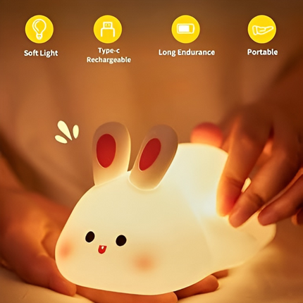 Lampka nocna z silikonowym króliczkiem | Regulowana światło | Bezpieczny dla dzieci | Akumulator | Przenośna konstrukcja | Wystrój domu | Ulga w stresie | Ciepły blask otoczenia | Materiał dla bezpiecznych dzieci, niezawierający BPA | 3 tryby oświetlenia