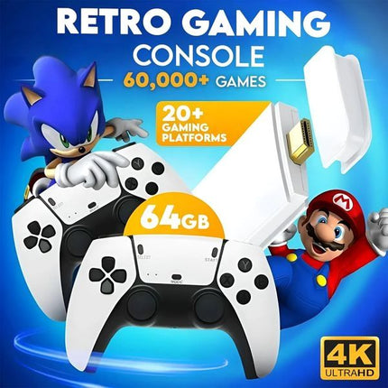 Retro konsola do gier | 60 000 gier klasycznych | Podłącz i graj | Dwa kontrolery bezprzewodowe | Obsługuje do 4 graczy | możliwość podłączenia do telewizora, projektora lub komputera