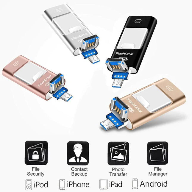 Pamięć flash USB Rozszerzenie pamięci dla iPhone'a, iPada i systemu Android | kompatybilność z urządzeniem | Złącza USB 3.0 i Lightning | Ochrona zaszyfrowanych plików | Opcje 8–64 GB