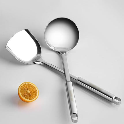 Zestaw przyborów kuchennych ze stali nierdzewnej | 5 sztuk | specjalista | Ergonomiczne uchwyty | Zawiera szpatułkę, kadzię, skimmer | Trwałe, odporne na rdzę i żaroodporne | Można myć w zmywarkach | Zastosowanie w domu i restauracji