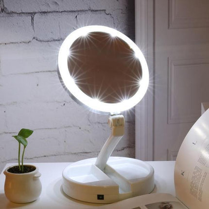 Składane lusterko podróżne LED | 10-krotne powiększenie z 1-krotnego przejścia przez twarz | Przenośne lusterko do makijażu z obsługą przewodnicką/bezprzewodową | Regulowane nachylenie i wysokość | Dwustronne światło LED | Biały