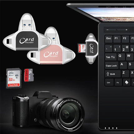 Uniwersalny czytnik kart pamięci 4 w 1 | Porty USB/USB C/Micro USB/Lightning | Zgodność kart SD TF | Obsługuje do 400 GB | Kompaktowa konstrukcja z brelokiem