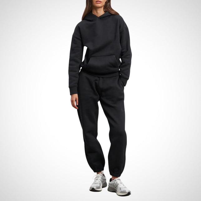 Damski zestaw do joggingu miejskiego | Stylowa bluza z kapturem i joggery | Miękki i oddychający bawełniany dres | Wszechstronny strój codzienny | Kieszeń kangurka i regulowany kaptur | Elastyczny pas i kieszenie boczne