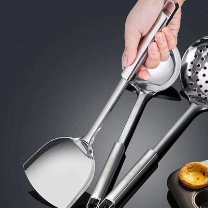 Zestaw przyborów kuchennych ze stali nierdzewnej | 5 sztuk | specjalista | Ergonomiczne uchwyty | Zawiera szpatułkę, kadzię, skimmer | Trwałe, odporne na rdzę i żaroodporne | Można myć w zmywarkach | Zastosowanie w domu i restauracji