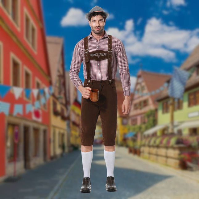 Tradycyjny bawarski strój męski Hugo Lederhosen | Trzyczęściowy strój na Oktoberfest ze skórzanymi szelkami i haftem