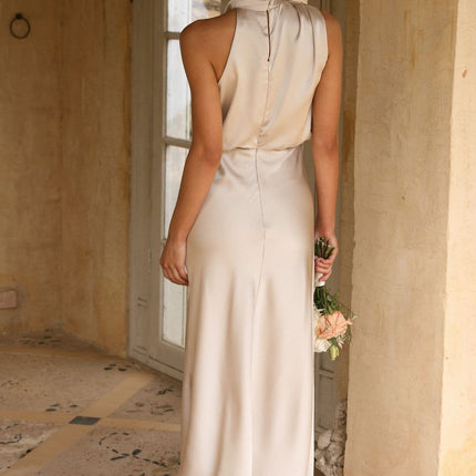 Elegancka sukienka maxi Esther | Zasłona pod szyję | Asymetryczne ramię | Szampan | opakowania weselne | Niewidoczny zamek i przycisk | Elastyczna talia | 100% poliester