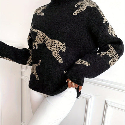 Damski golf z długim rękawem | Lampart | Dopasowane dopasowanie | Elegancki sweter jesienno-zimowy