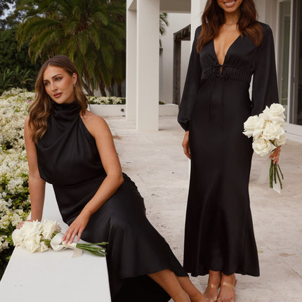 Czarna sukienka Estery | Elegancka maxi | Wysoka szyja | Asymetryczne ramię | Elastyczny pas | Poliester | Moda na wesele | Niewidoczny zamek i guziki | Wszechstronna odzież wieczorowa