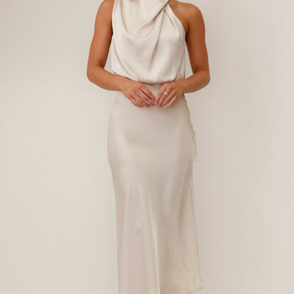 Elegancka sukienka maxi Esther | Zasłona pod szyję | Asymetryczne ramię | Szampan | opakowania weselne | Niewidoczny zamek i przycisk | Elastyczna talia | 100% poliester