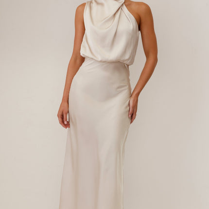 Elegancka sukienka maxi Esther | Zasłona pod szyję | Asymetryczne ramię | Szampan | opakowania weselne | Niewidoczny zamek i przycisk | Elastyczna talia | 100% poliester