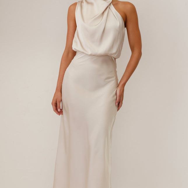 Elegancka sukienka maxi Esther | Zasłona pod szyję | Asymetryczne ramię | Szampan | opakowania weselne | Niewidoczny zamek i przycisk | Elastyczna talia | 100% poliester