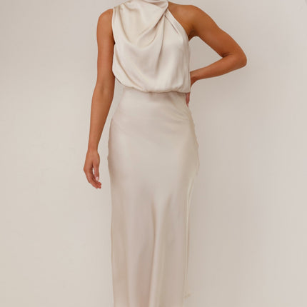 Elegancka sukienka maxi Esther | Zasłona pod szyję | Asymetryczne ramię | Szampan | opakowania weselne | Niewidoczny zamek i przycisk | Elastyczna talia | 100% poliester