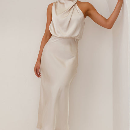 Elegancka sukienka maxi Esther | Zasłona pod szyję | Asymetryczne ramię | Szampan | opakowania weselne | Niewidoczny zamek i przycisk | Elastyczna talia | 100% poliester