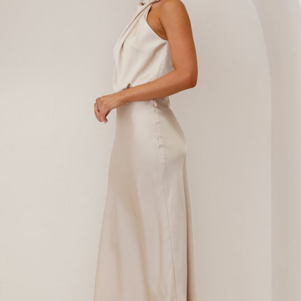 Elegancka sukienka maxi Esther | Zasłona pod szyję | Asymetryczne ramię | Szampan | opakowania weselne | Niewidoczny zamek i przycisk | Elastyczna talia | 100% poliester