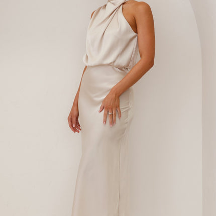 Elegancka sukienka maxi Esther | Zasłona pod szyję | Asymetryczne ramię | Szampan | opakowania weselne | Niewidoczny zamek i przycisk | Elastyczna talia | 100% poliester