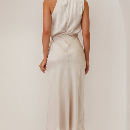 Elegancka sukienka maxi Esther | Zasłona pod szyję | Asymetryczne ramię | Szampan | opakowania weselne | Niewidoczny zamek i przycisk | Elastyczna talia | 100% poliester