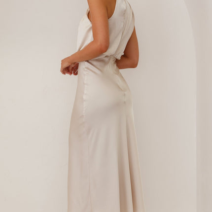 Elegancka sukienka maxi Esther | Zasłona pod szyję | Asymetryczne ramię | Szampan | opakowania weselne | Niewidoczny zamek i przycisk | Elastyczna talia | 100% poliester