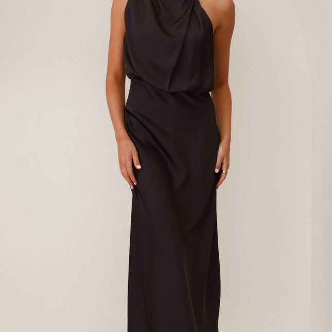 Czarna sukienka Estery | Elegancka maxi | Wysoka szyja | Asymetryczne ramię | Elastyczny pas | Poliester | Moda na wesele | Niewidoczny zamek i guziki | Wszechstronna odzież wieczorowa
