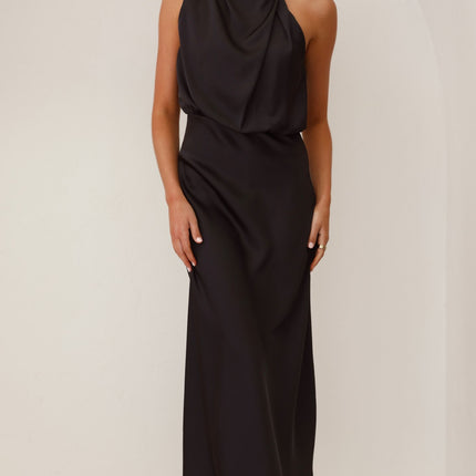 Czarna sukienka Estery | Elegancka maxi | Wysoka szyja | Asymetryczne ramię | Elastyczny pas | Poliester | Moda na wesele | Niewidoczny zamek i guziki | Wszechstronna odzież wieczorowa
