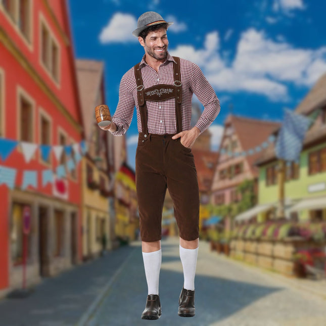 Tradycyjny bawarski strój męski Hugo Lederhosen | Trzyczęściowy strój na Oktoberfest ze skórzanymi szelkami i haftem