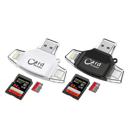 Uniwersalny czytnik kart pamięci 4 w 1 | Porty USB/USB C/Micro USB/Lightning | Zgodność kart SD TF | Obsługuje do 400 GB | Kompaktowa konstrukcja z brelokiem