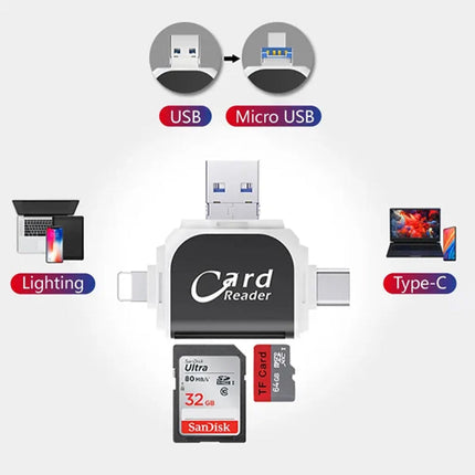 Uniwersalny czytnik kart pamięci 4 w 1 | Porty USB/USB C/Micro USB/Lightning | Zgodność kart SD TF | Obsługuje do 400 GB | Kompaktowa konstrukcja z brelokiem