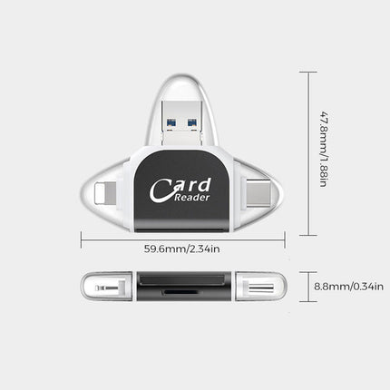 Uniwersalny czytnik kart pamięci 4 w 1 | Porty USB/USB C/Micro USB/Lightning | Zgodność kart SD TF | Obsługuje do 400 GB | Kompaktowa konstrukcja z brelokiem