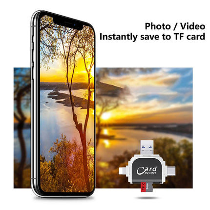 Uniwersalny czytnik kart pamięci 4 w 1 | Porty USB/USB C/Micro USB/Lightning | Zgodność kart SD TF | Obsługuje do 400 GB | Kompaktowa konstrukcja z brelokiem